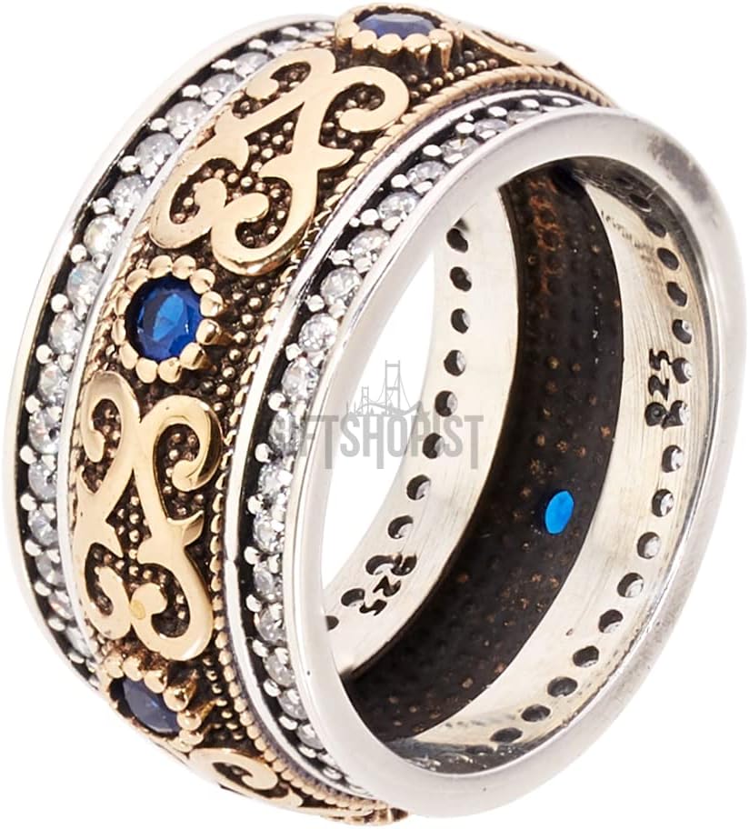 Handmade Turkish Authentic Jewelry Round Shape Cut Sapphire Topaz 925 Sterling Silver Band Ring for Gift for Ladies Size Options