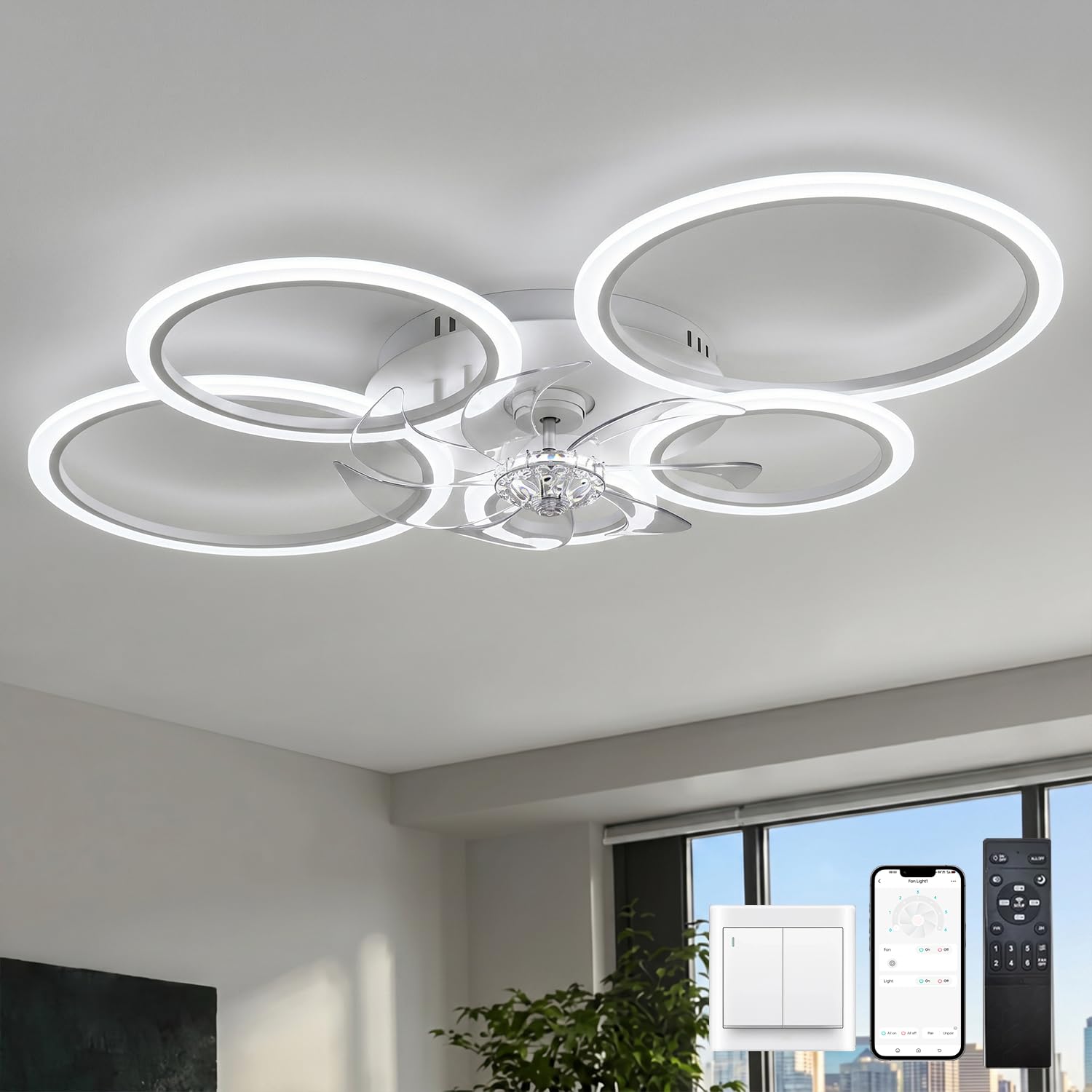 KeLuKes Ceiling Fan with Light with Memory Function, 100cm Living Room Ceiling Fan Light, Silent Timer Dimmable Reversible Ring Fans with Lamps for Bedroom, White