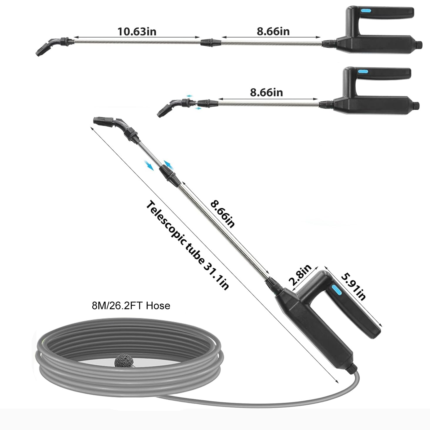 Varita pulverizadora eléctrica con pilas, varita de riego telescópica con manguera de 26.5 pies, mango de riego eléctrico recargable con 3 boquillas ajustables y filtro para hierbas, césped y jardín