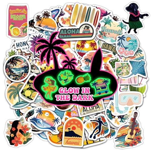 52 Pcs Summer Stickers for Kids Glow in The Dark, Vinyl Hawaii Beach Water Bottle Sticker Pack for...