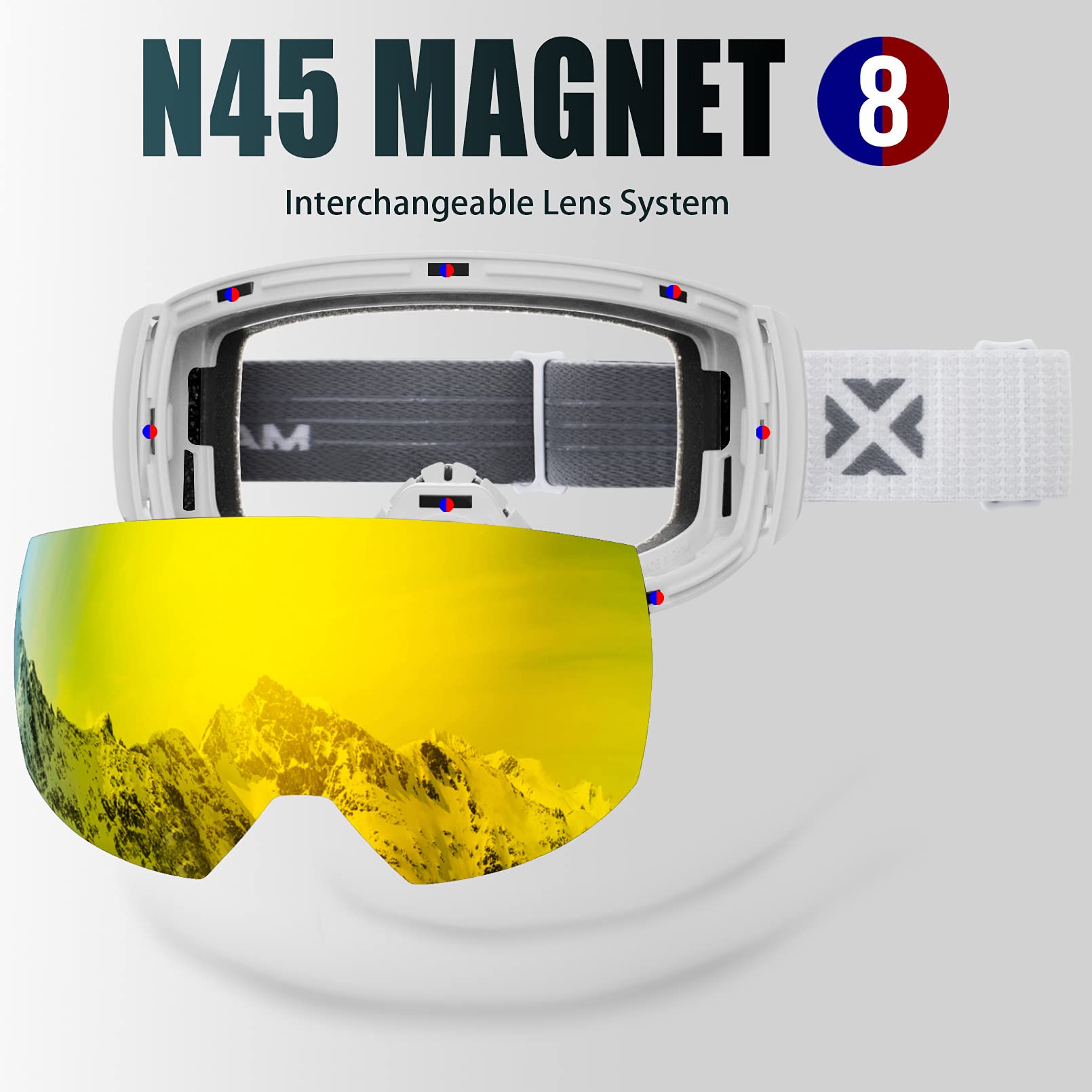 MAXJULI Skibrille für Herren und Damen, OTG-Schneebrille mit magnetischem, austauschbarem Anti-Beschlag-HD-Objektiv, UV-Schutz (weißer Rahmen/goldene Gläser)