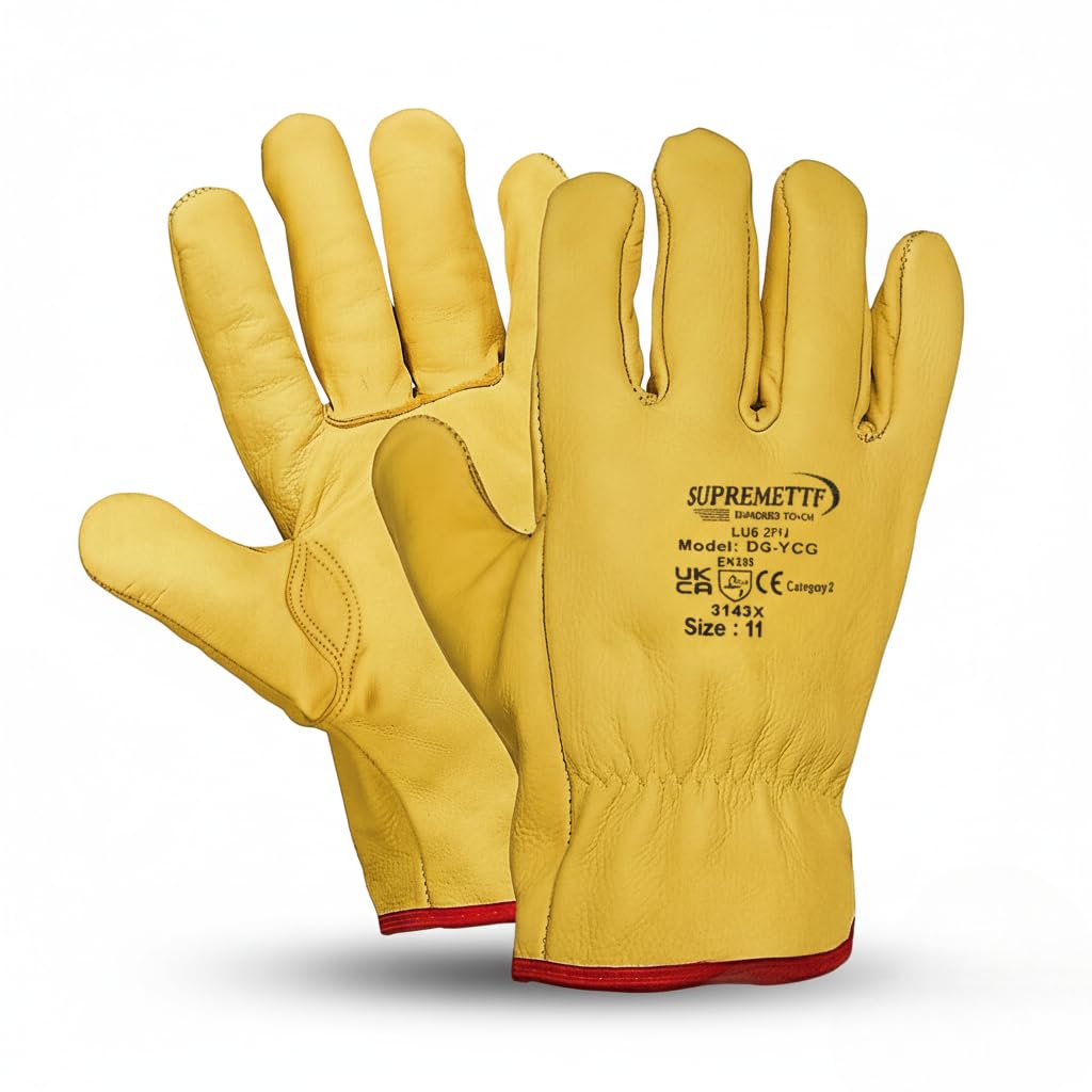 Supreme TTF 10 Pairs Leather Gloves Yellow Driver Gloves for lorry drivers Soft Leather glove With Fleece Lining (Medium-8)