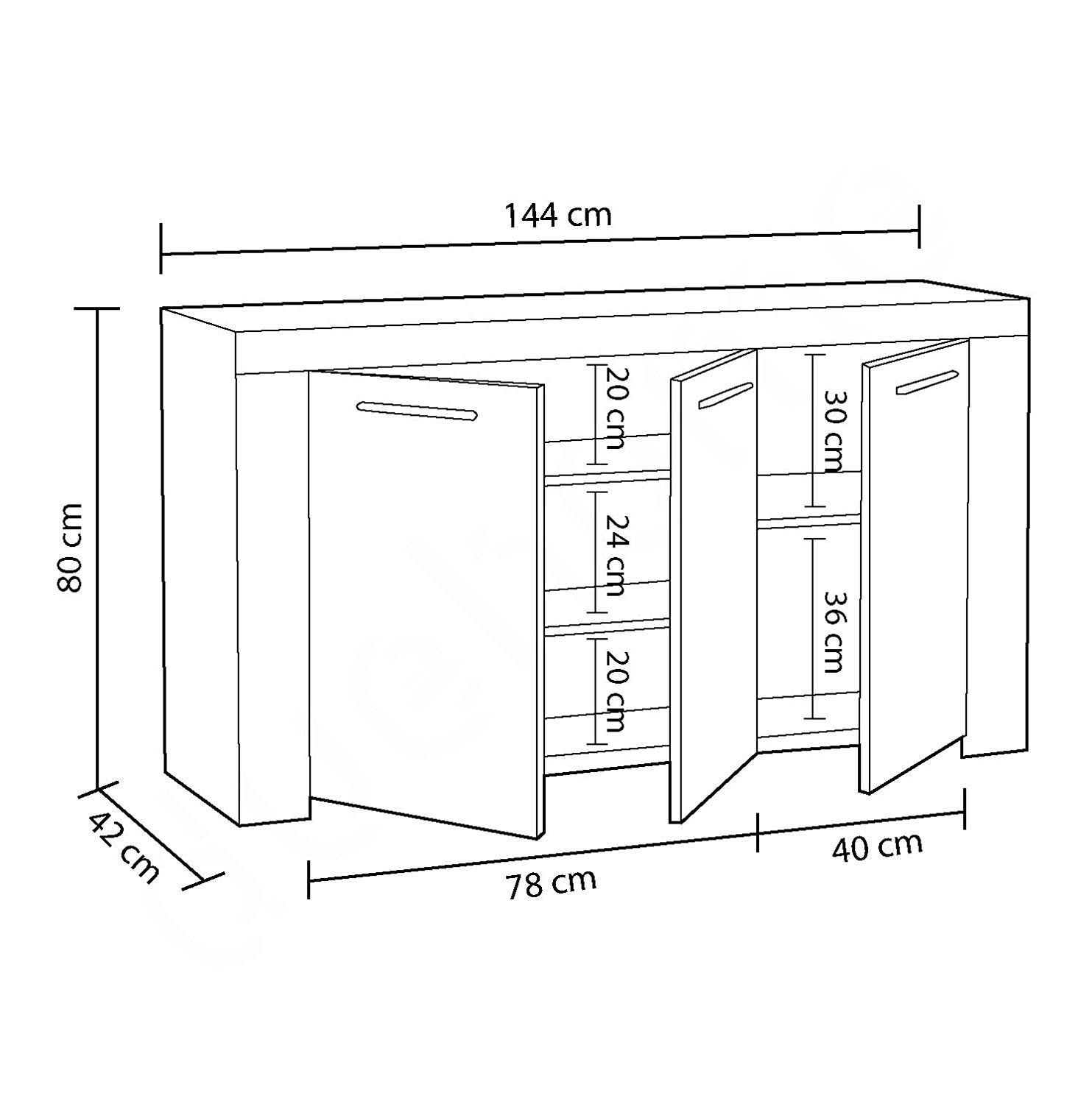 EGLEMTEK Nairobi Kredence 3 Drzwi, Kuchnia Salon Kuchnia, Wiara z Przedziałami Wielu Przestrzeń i 5 półek, Szafka Drewno, 144 x 80 x 42 cm, Kolor Biały