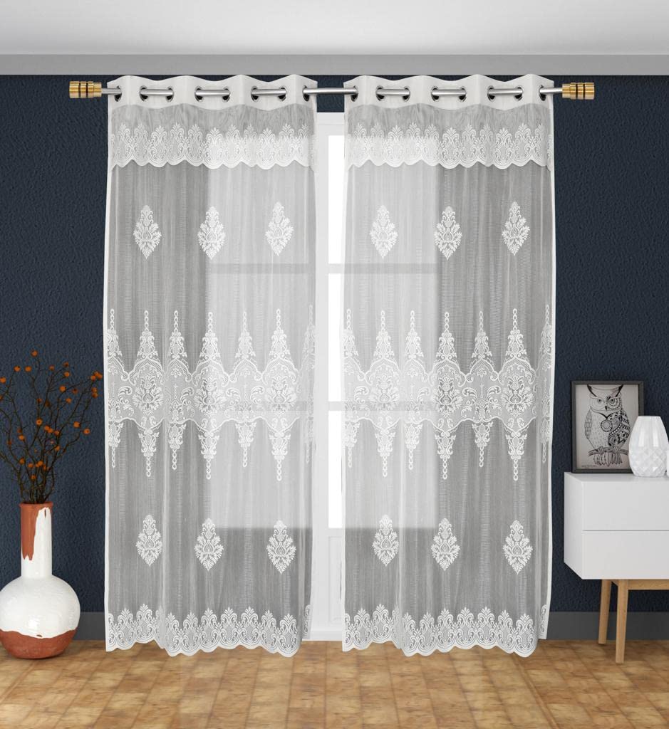 Polyester Premium Sheer Frill Embroidery Floral Transparent Net Window Curtains 5 feet Pack of 2 White-image-48