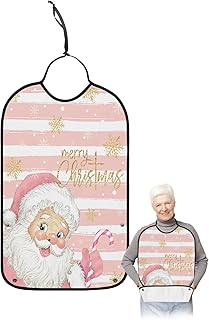 Kewadony Adult Bibs for Elderly Women - Merry Christmas Waterproof Dining Clothing Protectors with Crumb Catcher for Eating/Feeding, Pink Santa Yellow Snowflake Xmas Candy Striped Terry Cloth Bib