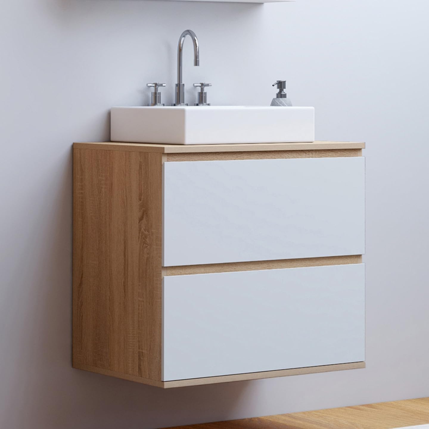 IDMarket - Mueble de baño con 2 cajones suspendidos TOMI en haya y blanco