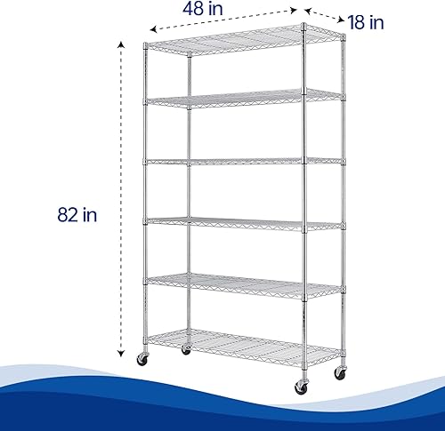 Miniatura 3 de BestOffice Estante de alambre de 6 niveles con ruedas 48 x 18 x 82 pulgadas Cromado Estantes ajustables Estantes de almacenamiento de alta