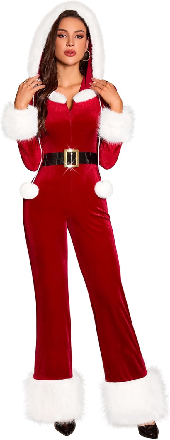 RSLOVE Women's Christmas Jumpsuit - Velvet Santa Costume Faux Fur Trim One Piece Holiday Xmas Outfit with Belt Red
