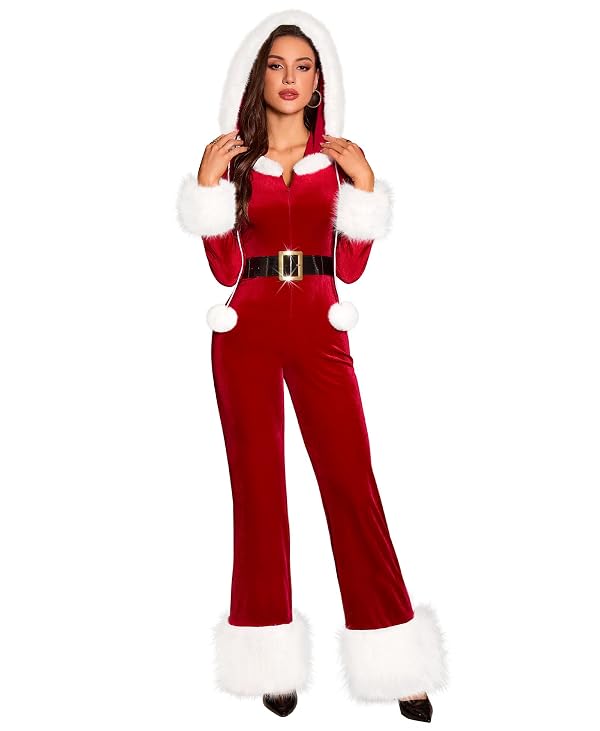 RSLOVE Women's Christmas Jumpsuit - Velvet Santa Costume Faux Fur Trim One Piece Holiday Xmas Outfit with Belt Red L by RSLOVE - Used condition - US$8.70