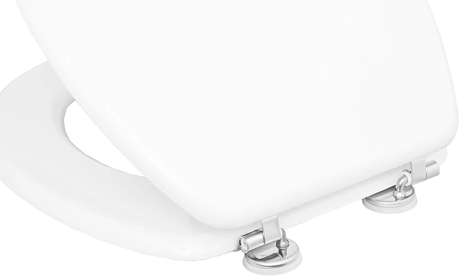 Close-up of Cornat KSC00 toilet seat hinges and buffers on a toilet bowl.