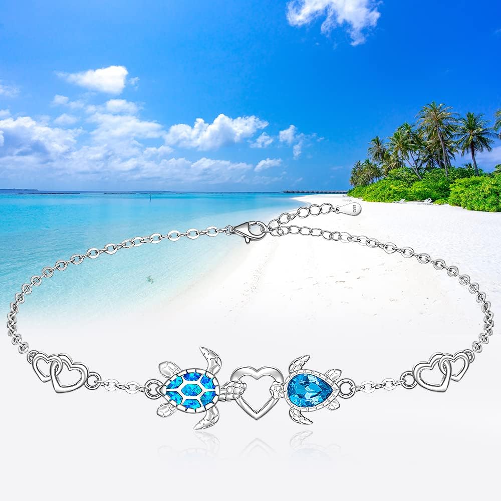 Fenthring Blue Opal Sea Turtle Bracelet for Women Sea Turtle Gifts Sterling Silver Summer Beach Ocean Mother Daughter Christmas Gifts for Women - Image 6