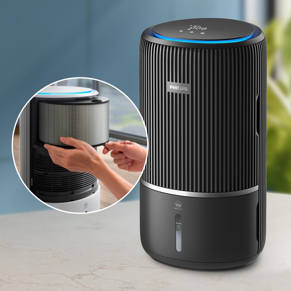 Filtre de Remplacement Philips Original pour Purificateur d'Air et Humidificateur 2 en 1 Série 3400 AC3420 et AC3421, HEPA NanoProtect + Charbon Actif, Durée de Vie de 12 Mois, Noir/Blanc (FY3400/30)