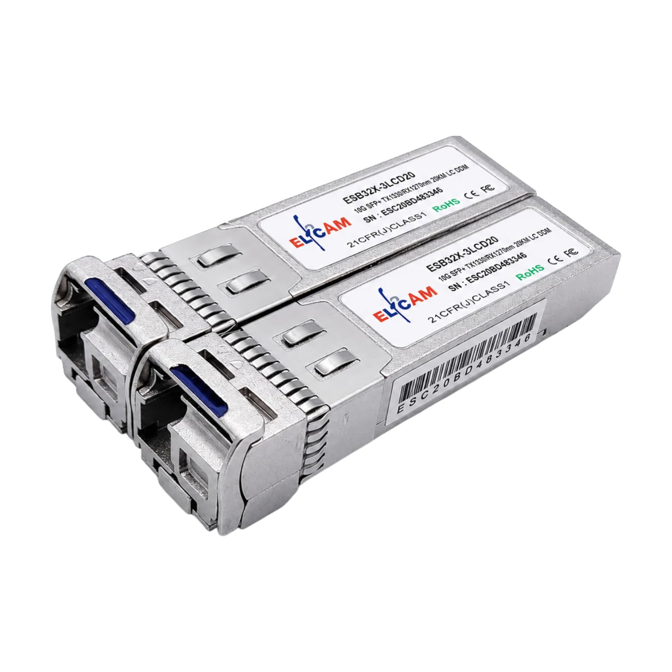Elfcam® - 2 Piezas 10G SFP+ Bidi Modulo, Conector Fibra Optica LC/UPC Monomodo Simplex, TX1270nm / RX1330nm y TX1330nm / RX1270nm, DDM 20KM