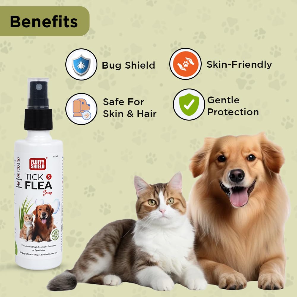 FluffyShield Tick & Flea Leave-On Spray for Dogs & Cats | IR 3535 Formula | Protects Against Ticks, Fleas, Mosquitoes & House Flies | 100ml. 2