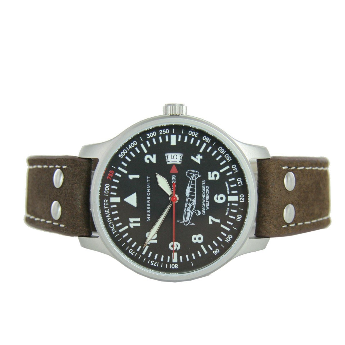 Messerschmitt Fliegeruhr Sondermodel Geschwindigkeitsrekord ME-209LB Ronda Swiss Movement 5ATM mit braunen Lederarmband