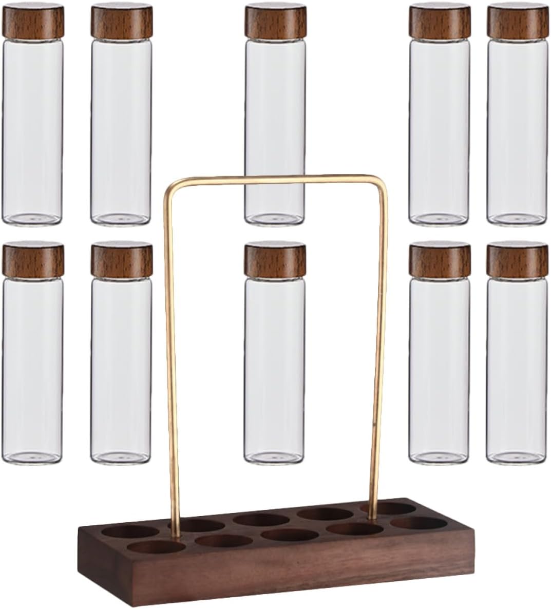 VALICLUD Glass Coffee Bean Storage Tubes with 10 Walnut Wood Stand Airtight Glass Containers for Coffee Bean Storage and Display Suitable for Kitchen Organization