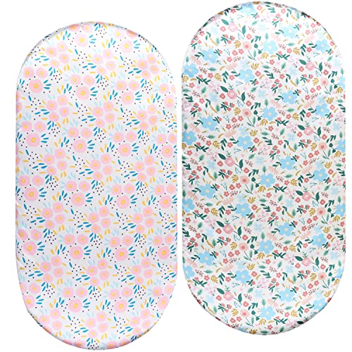 Image of Bassinet Sheet Set 2 Pack Satin Ultra Soft Silk Fit for Rectangle, Hourglass, Oval Bassinet Mattress Protect for Baby Hair and Skin Cradle or Bassinet Sheets, Floral & Floral