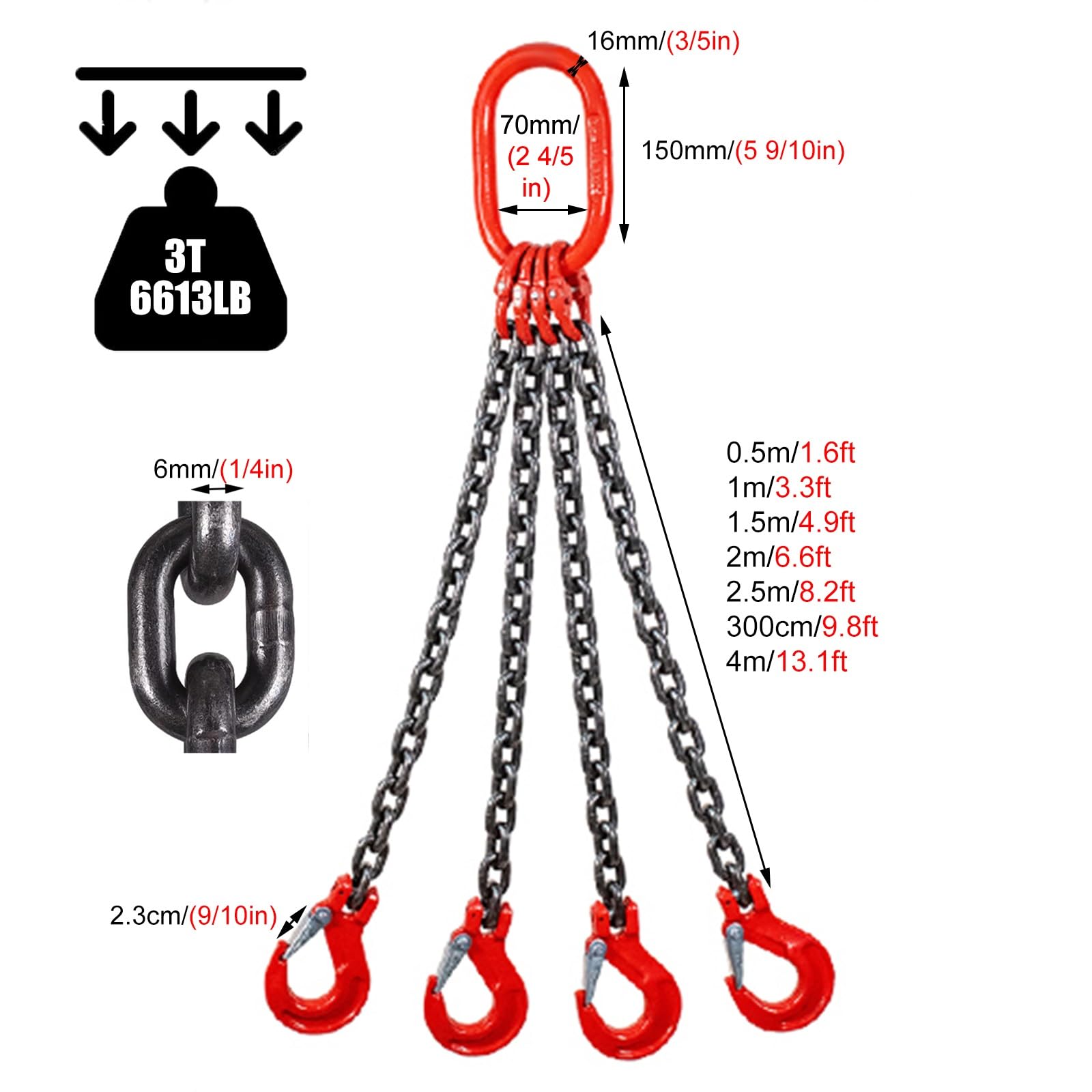 Catena a 4 gambe regolabile da 0,9 m con gancio a benna – versatile imbracatura di sollevamento a 4 vie per paranco motore, capacità di carico di 530 cm, ideale per sollevamento pesante
