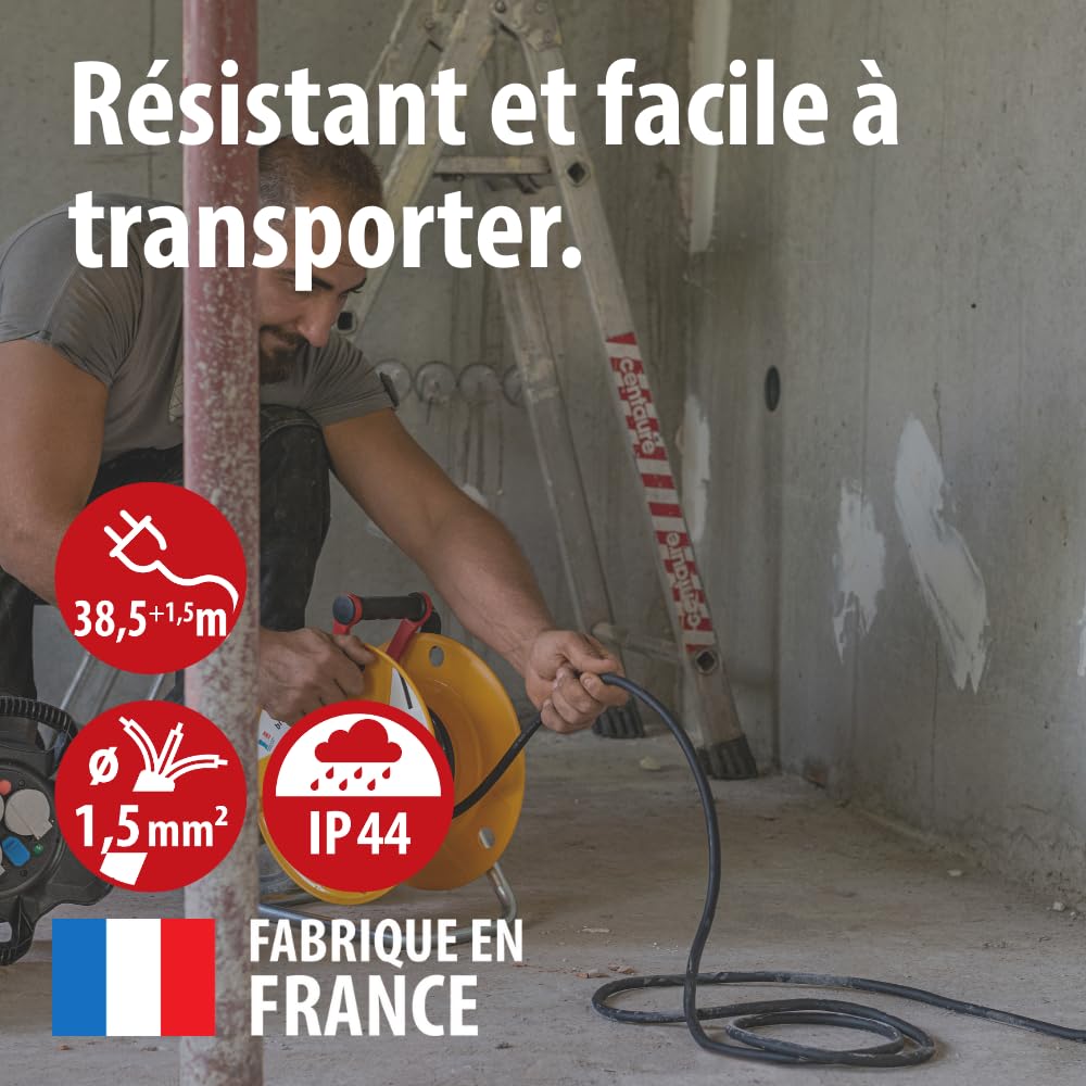 Brennenstuhl Enrouleur de câble Standard BT Pro avec rallonge supplémentaire et bloc mobile à 4 prises de courant (40m de câble H07RN-F 3G1,5, utilisation en extérieur, fabriqué en France)