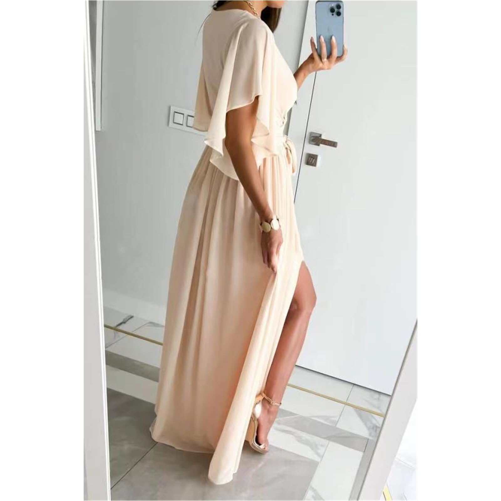 Abito Estivo Delle Donne Summer Maxi Casual Abito Lungo Sciolto Maniche Corte V-Neck Abiti, HUTALIM, Khaki, l