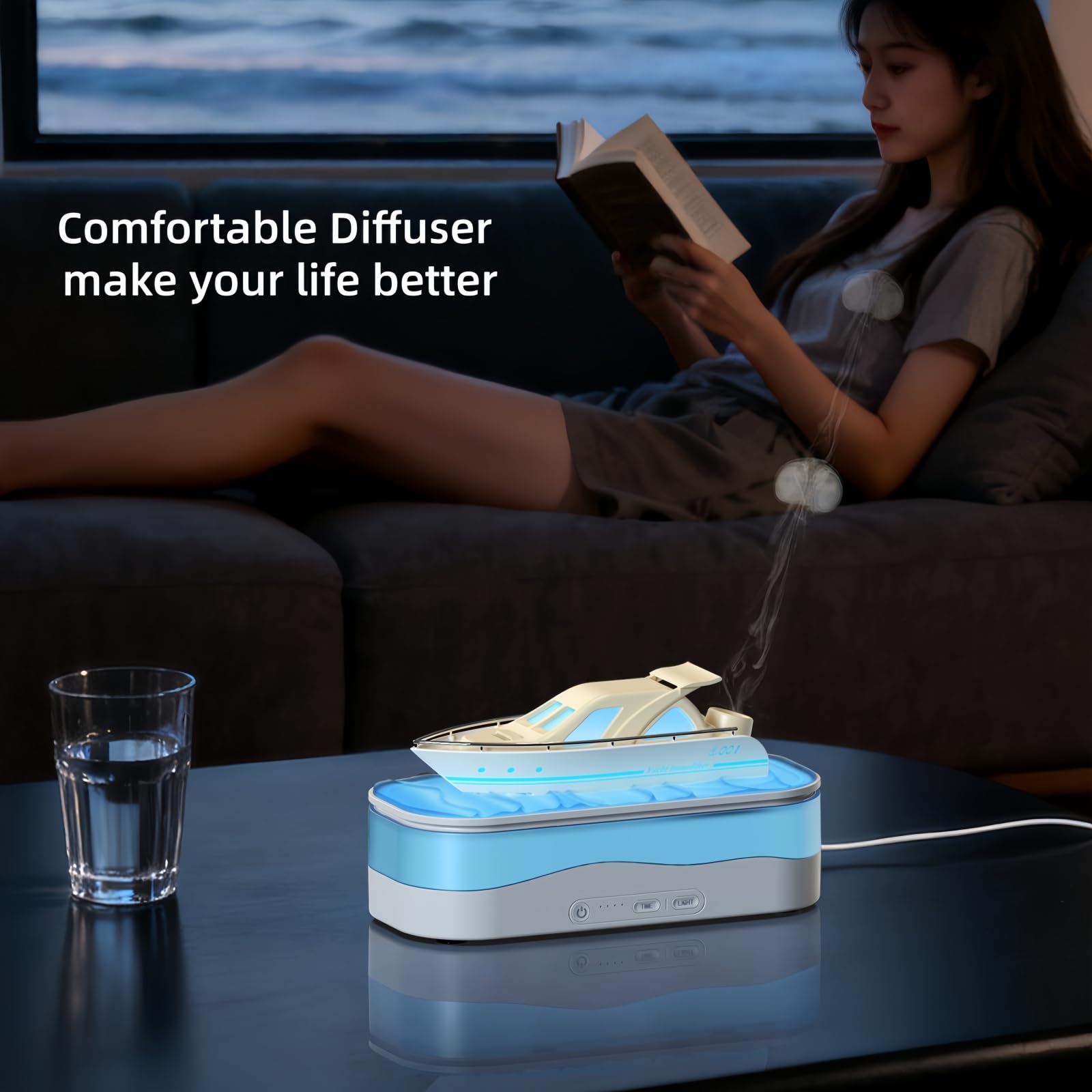Diffuseur d'huile essentielle coloré pour bateau - Humidificateur de brume - Diffuseur d'arômes avec minuterie de pulvérisation en forme de méduse - Arrêt automatique