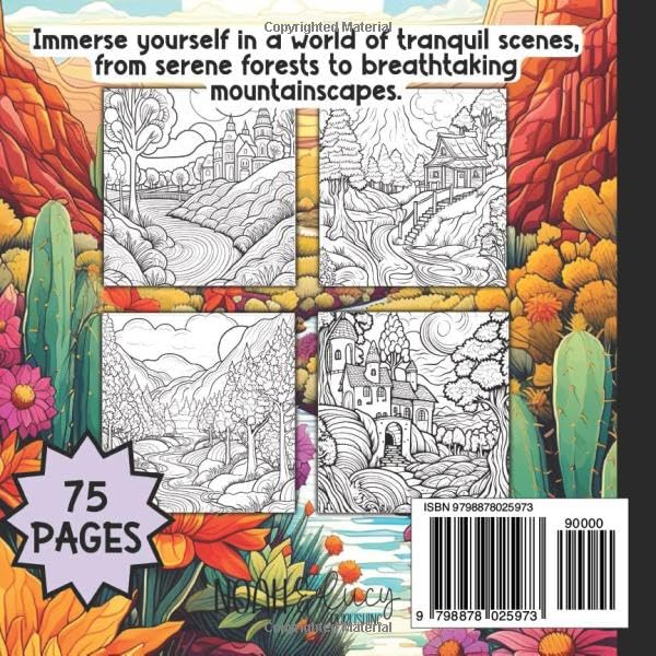 Mini Relaxing Landscape Coloring Books for Adults: 50 Unique and Stunning Coloring Pages of Nature Scenes | Promotes Mindfulness, Anti-Stress and Relaxation | 6 x 6 inches | image 3