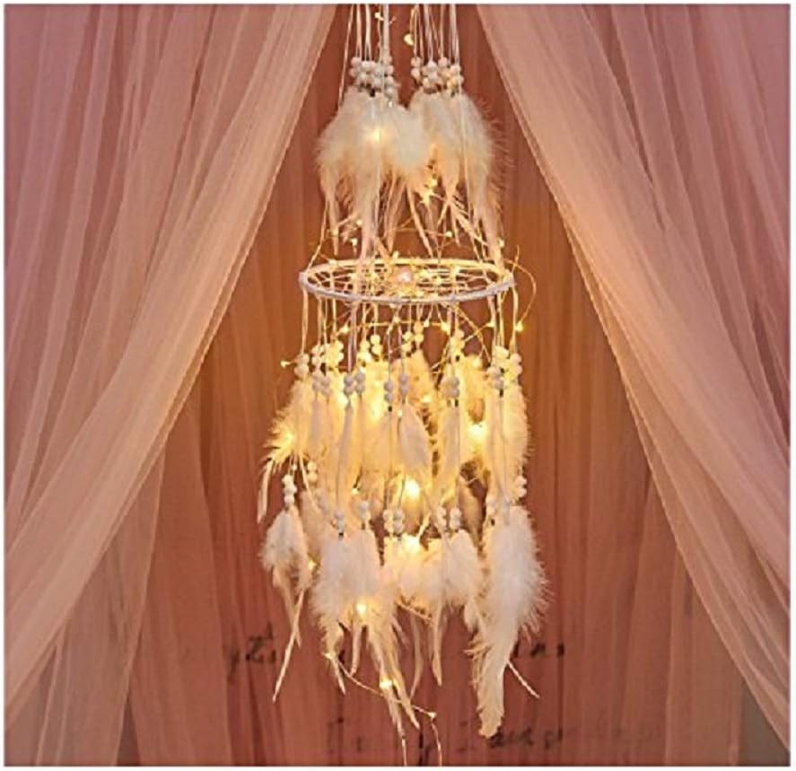 Double Circle White Feather Dream Catcher with Mobile LED Fairy Lights Wall Hanging Ornaments Ceiling Decor for Bedroom Decor Wedding Decorations Boho Chic Party Nursery Decor (White)
