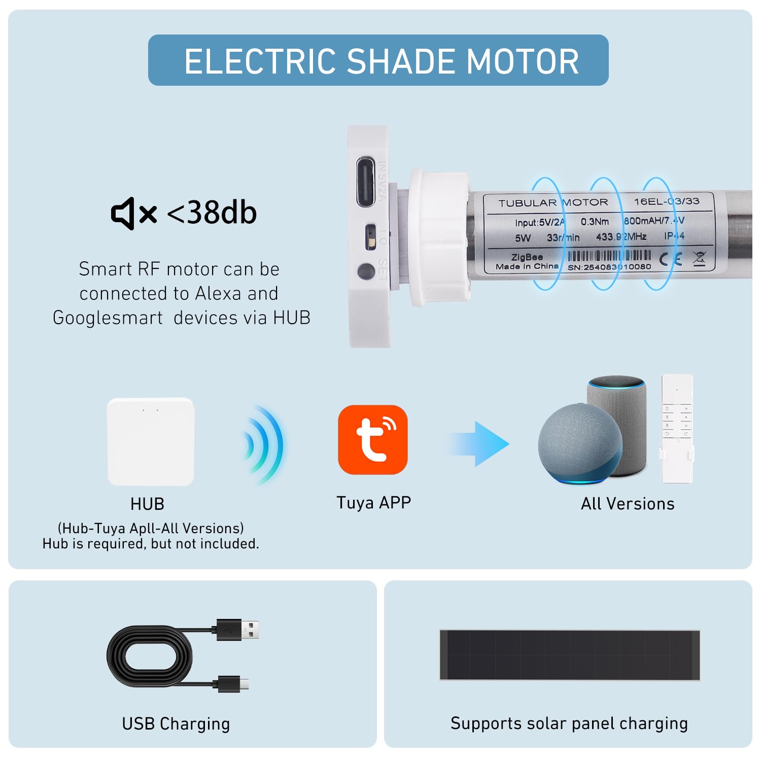 Moteur de store intelligent HUIYEETEX avec batterie intégrée, pour tube de 17/25/28 mm, modèle 16EL avec contrôle d'application/voix/émetteur