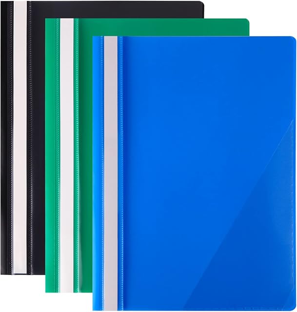Hotyin A4 Project Folders 24pcs , Plastic Presentation Document Files Folders, A4 Report Organiser Holder with Transparent Cover Triangle Pocket & 2 Prongs, 3 Colours