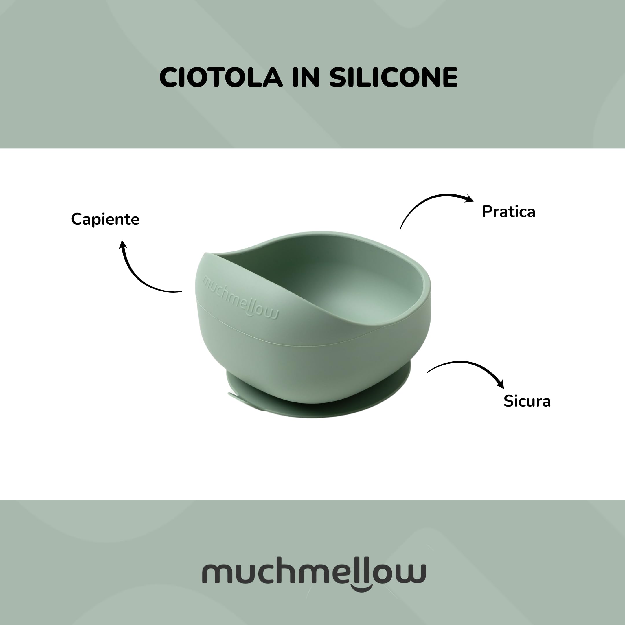 Muchmellow - Set Pappa Silicone MADE IN ITALY 3 pezzi, Ciotola con Ventosa Anticaduta, Cucchiaio, Bavaglino Regolabile, Svezzamento, Plastic Free, BPA Free, Lavabile Lavastoviglie (Verde)