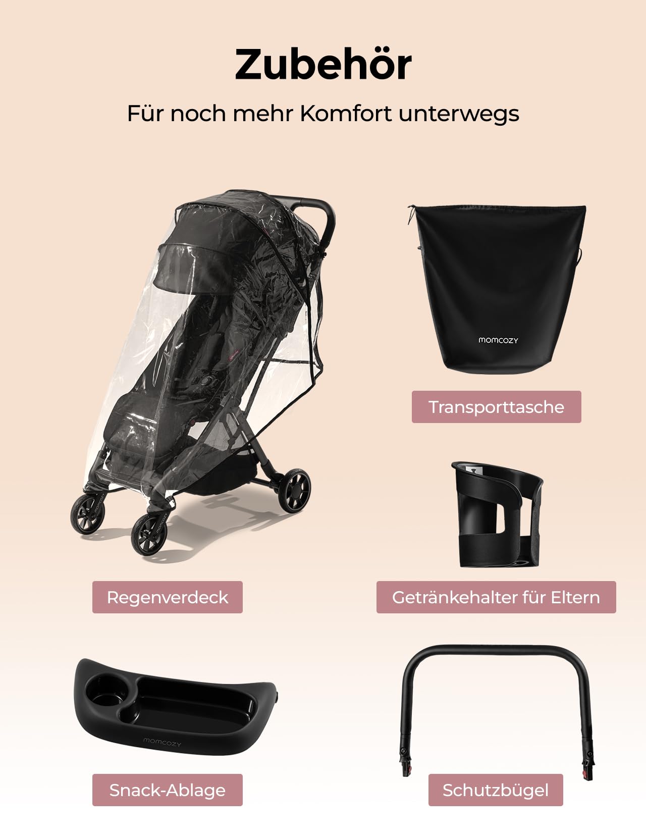 Momcozy ClickGo Buggy klein zusammenklappbar als Flugzeug-Handgepäck, Einhand-Klappmechanismus, mit Liegefunktion, UV-Schutz 50+, XL-Korb bis 3 kg, Geeignet von 0–4 Jahren bis 22 kg, Schwarz
