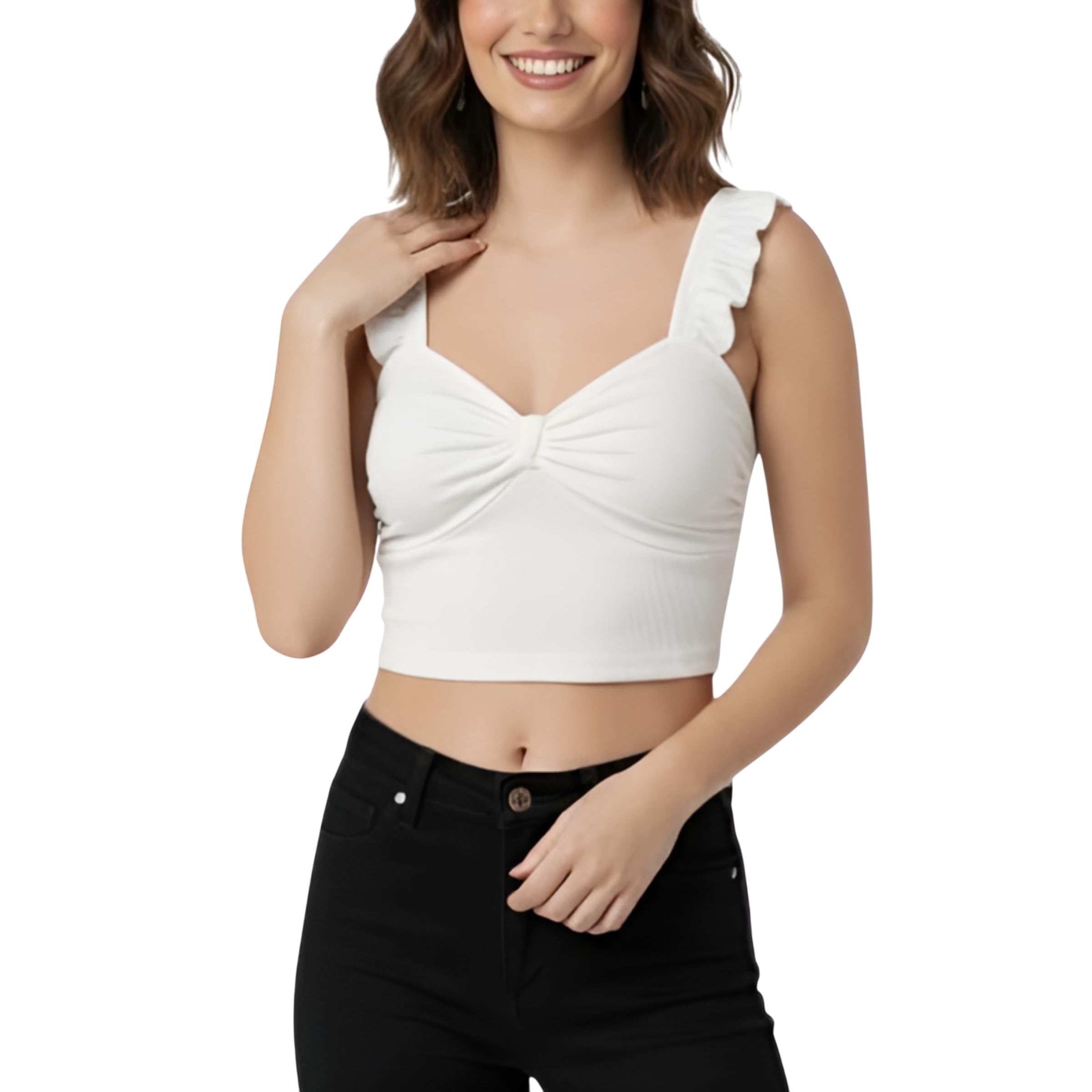 Women's Crop Tank Top | Sleeveless Sweetheart Neck Ruffle Strap Top for Women White-picture-39