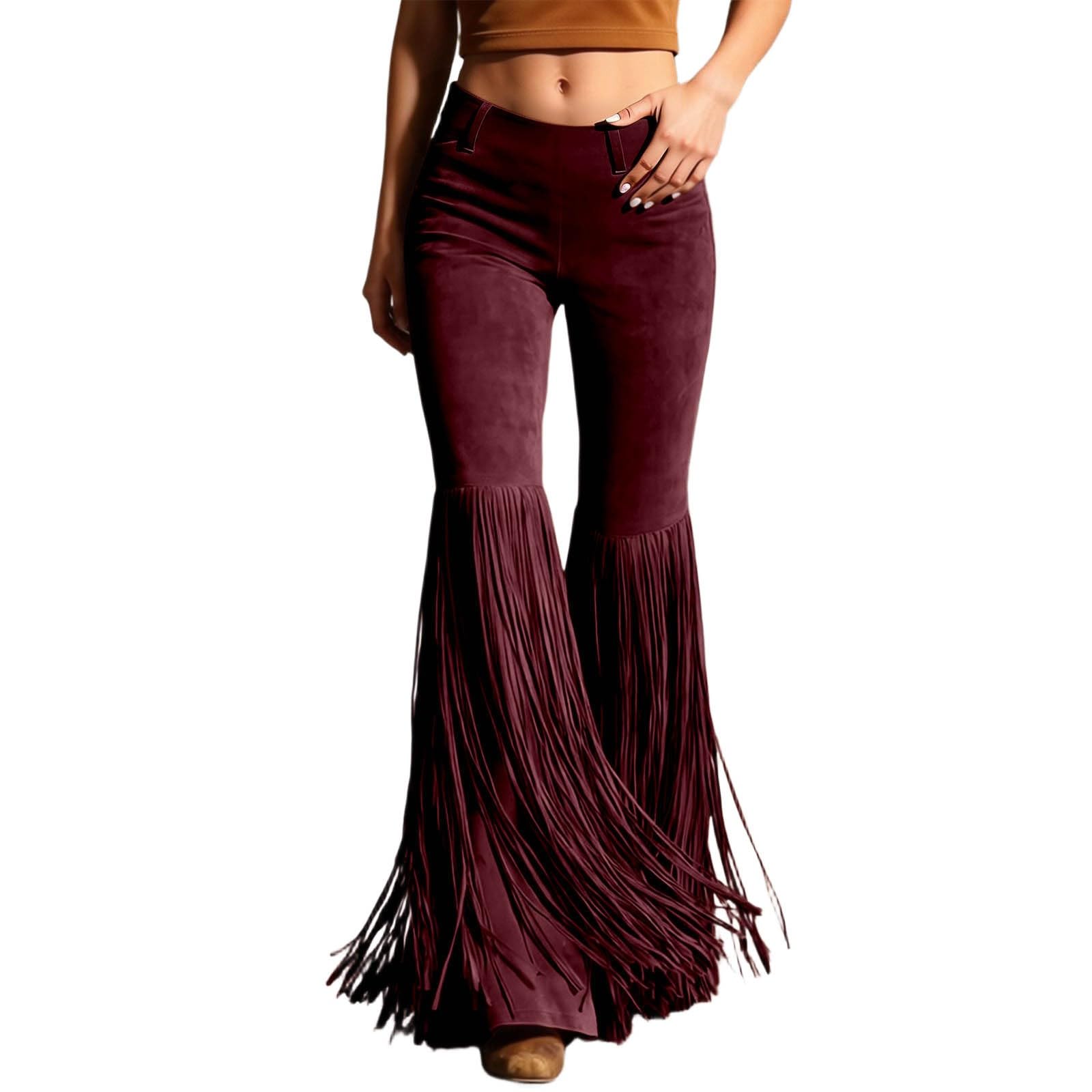 Eauptffy Women's Vintage Riding Trousers Cowgirl Costume Long Chaps Pants with Fringes Hippie Trousers Retro Western Cosplay Cowboy Costume Suede Faux Leather
