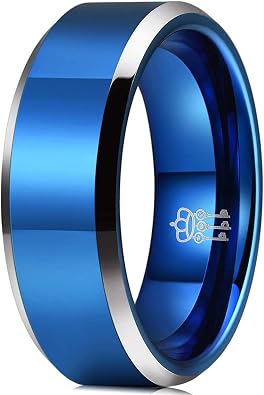 THREE KEYS JEWELRY 8mm Blue Tungsten Wedding Band Brushed Polished Engagement Rings/Personlized Rings/Customized Rings 9.5
