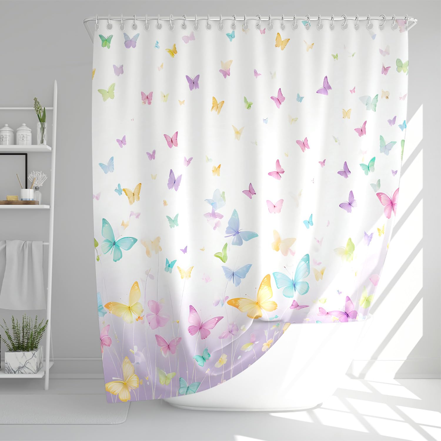 1 Cortina de Ducha con Estampado de Mariposas sobre Fondo Blanco, Tela de poliéster con Ganchos, Estilo Sencillo para Ventana (300x200cm/118x79in(WxH))