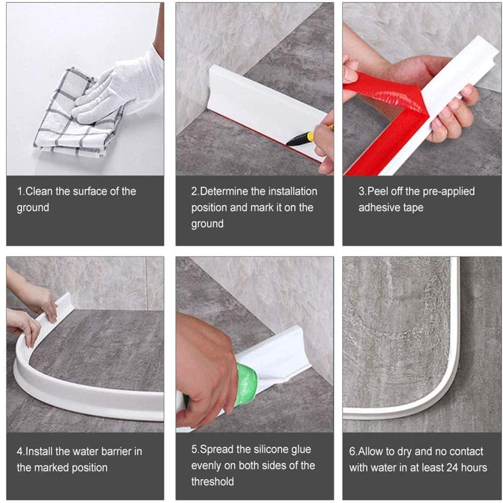 CHICHENG Junta de silicona para suelo de cuarto de baño, barrera de ducha plegable y sistema de retención y mantiene el agua dentro del umbral, tira impermeable flexible para separación húmeda y seca