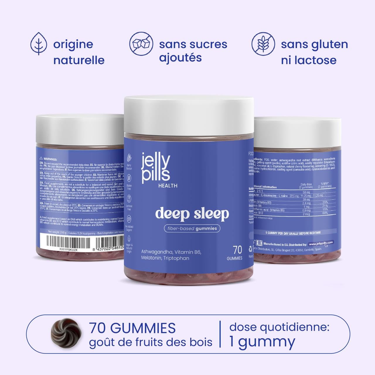 Jelly Pills Mélatonine 1,9 mg avec Ashwagandha, Tryptophane & Vitamines B6/B12 – 70 Gummies Véganes – Sans Sucres Ajoutés – Goût Fruits Rouges – Pour Routine du Soir & Équilibre
