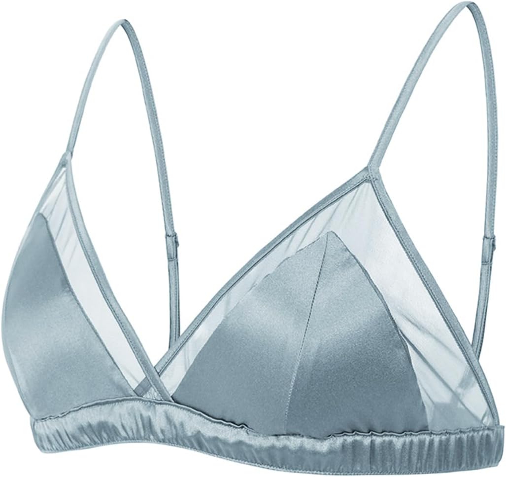 Real Mulberry Silk Satin Lace Triangle Bralette with Removable Pad, Soft Cup Wireless Bra for Women