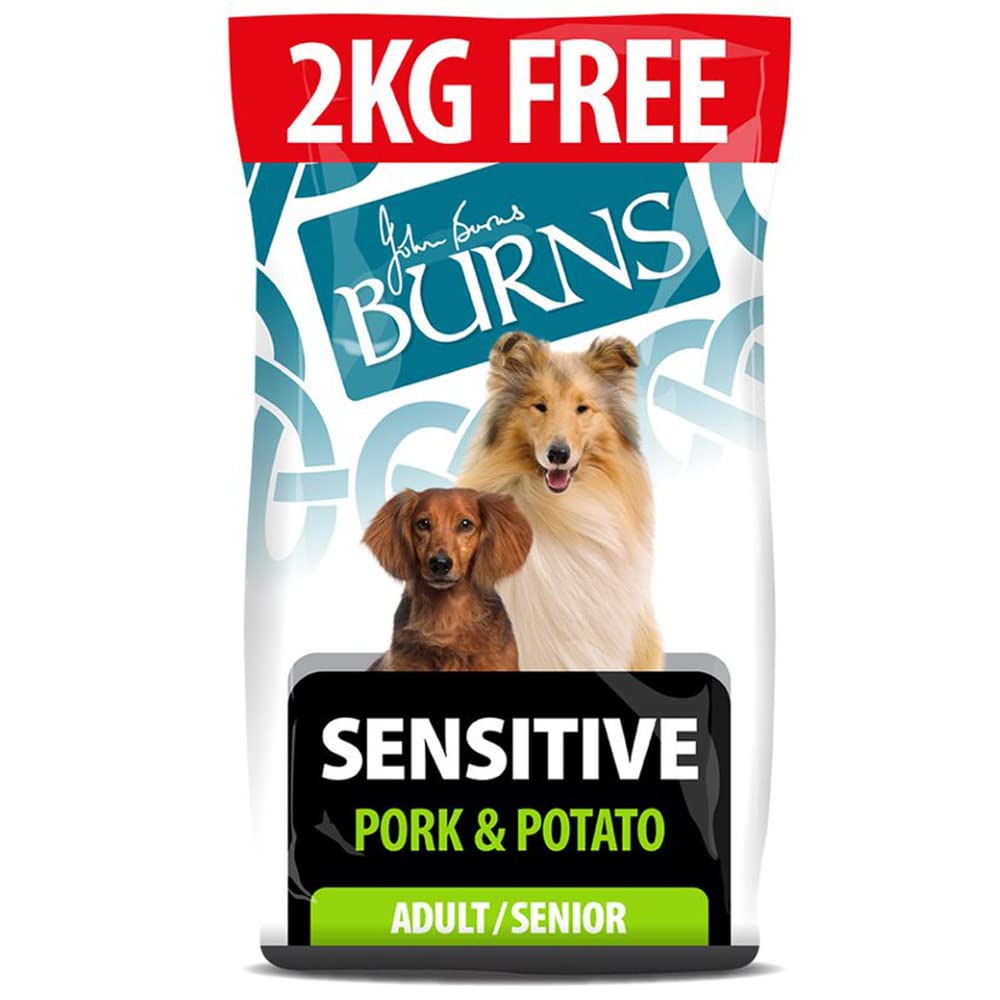 Burns Pet Nutrition Hypoallergenic Complete Dry Dog Food Adult and Senior Dog Sensitive with Pork and Potato 12kg + 2kg