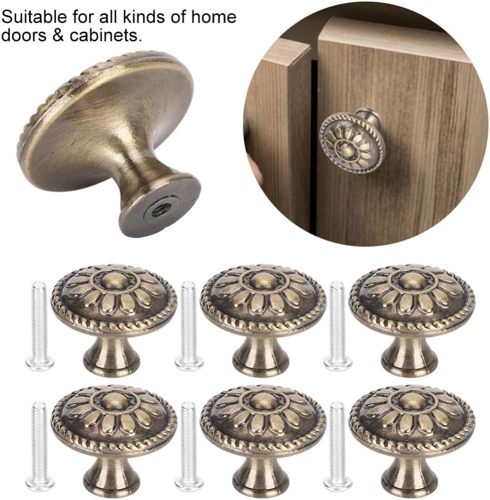 10Pcs Antique Brass Cabinet Knobs – 1.22 in Zinc Alloy Vintage Round-Shape Handle for Drawers and Nightstands, Single Hole with 10 Screws