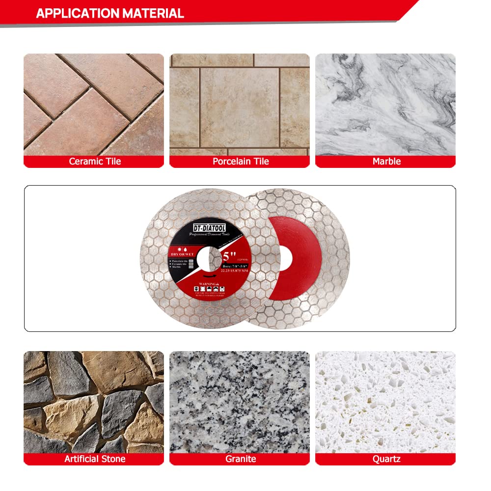 DT-DIATOOL Diamond Saw Blade Tile Cutting Disc 4.5 Inch for 7/8”- 5/8” Arbor Angle Grinder for Cutting Porcelain Ceramic Marble Artificial Stoneware Edge Grinding Pack of 2