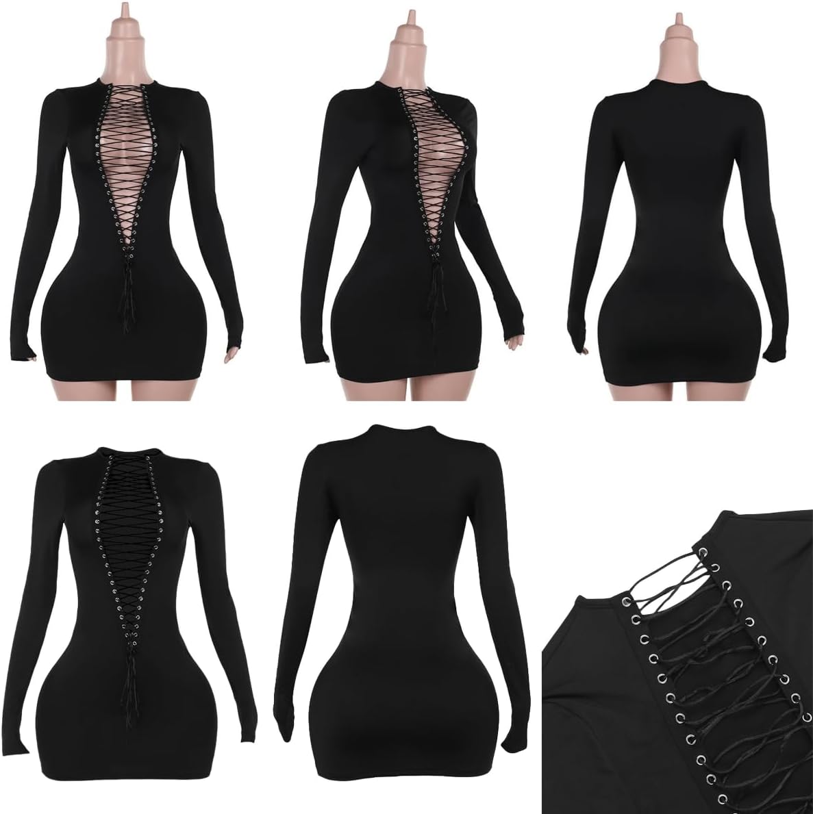 Suillty Women's Sexy Hollow Out Bandage Dress Front Back Both Wear Long Sleeve Lace-Up Bodycon Party Club Dresses - Image 6