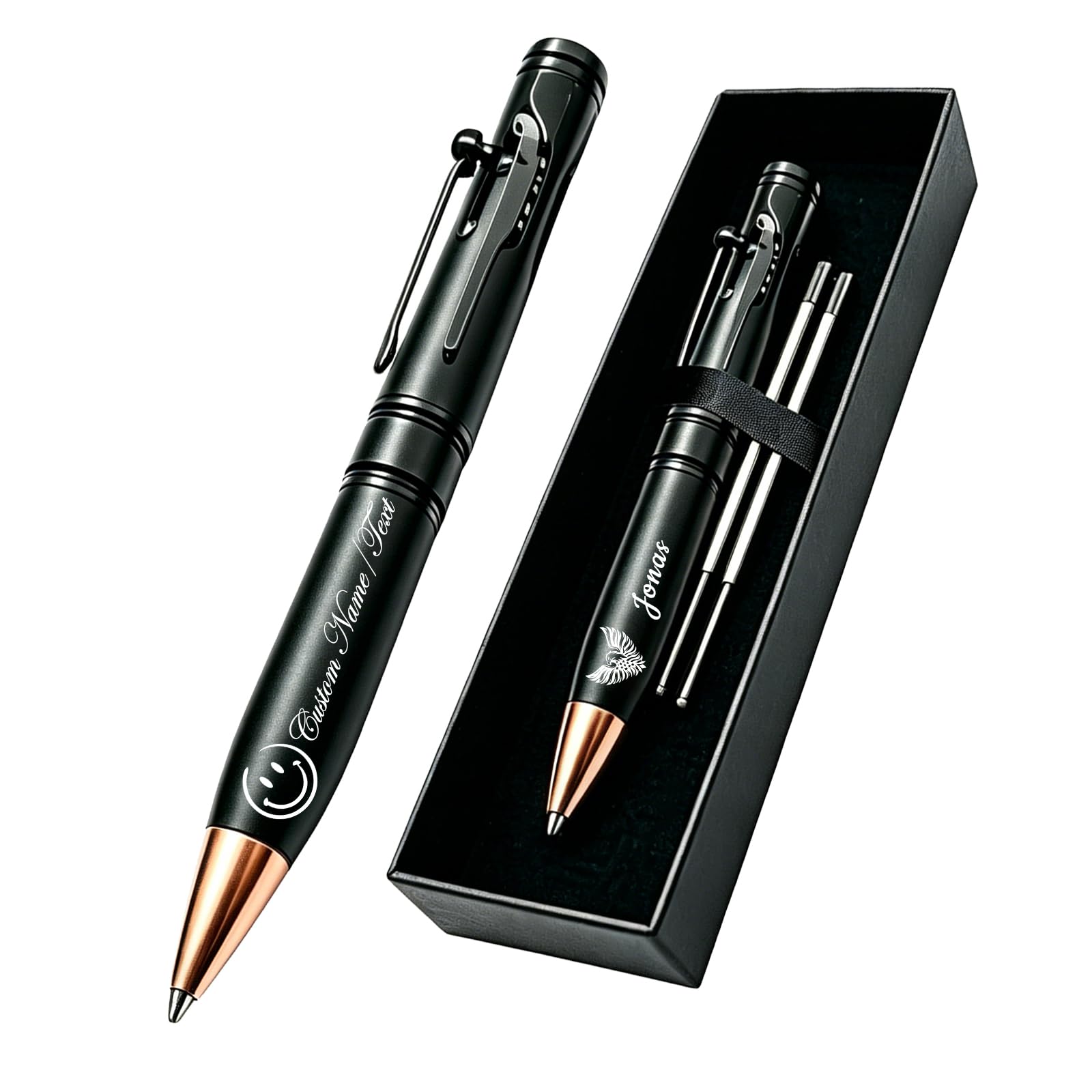 ZFN Personalised Bolt Action Pen Gift Set Custom Engraved Cartridge Ballpoint Pen with Name & Icon Unique Gifts for Men Husband Father Graduate (metallic)