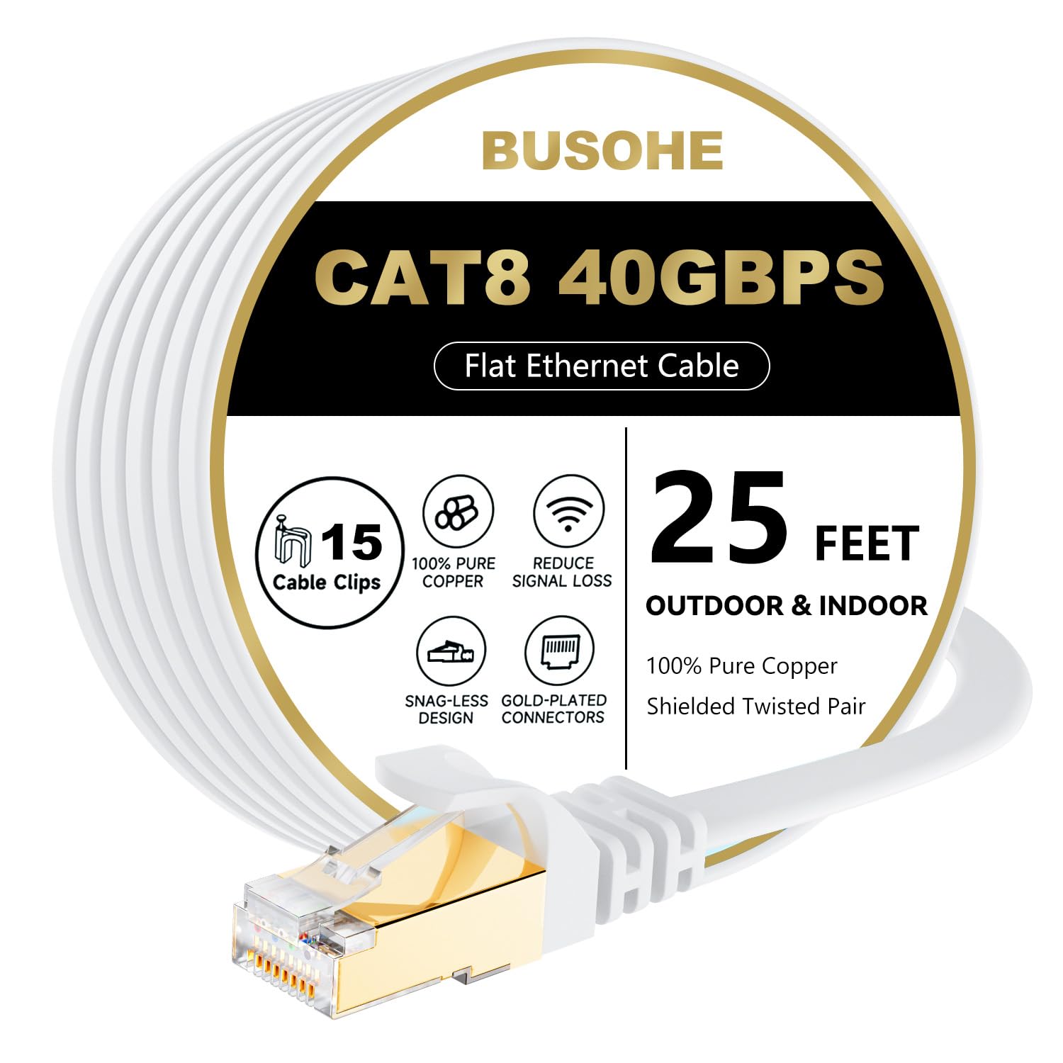 BUSOHE Cat 8 Ethernet Cable 25 FT, 40Gbps 2000Mhz High Speed Flat Cat8 Cable Patch Cord with Gold-Plated RJ45 Connector, LAN Network Internet Cable with 15 Clips for Router/Gaming/Computer, S/FTP