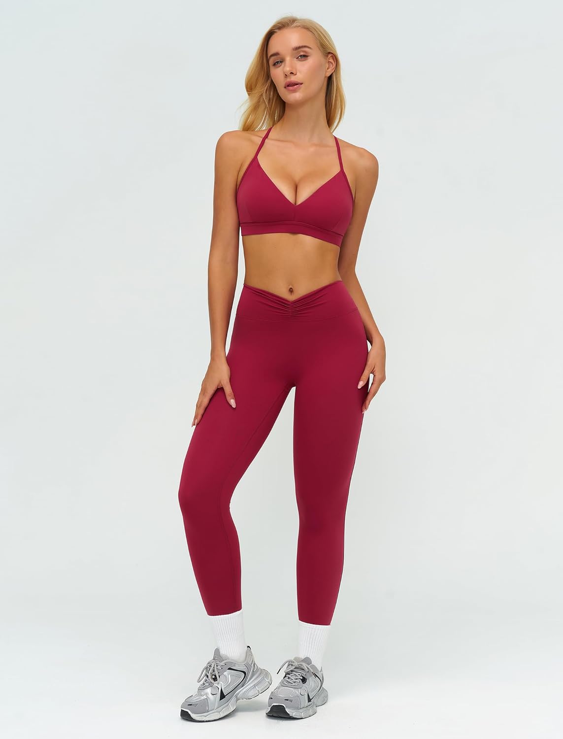 ABOCIW Womens Workout Sets V Neck Y Back Sports Bra Tummy Control High Waist Leggings 2 Piece Gym Yoga Pilates Outfits