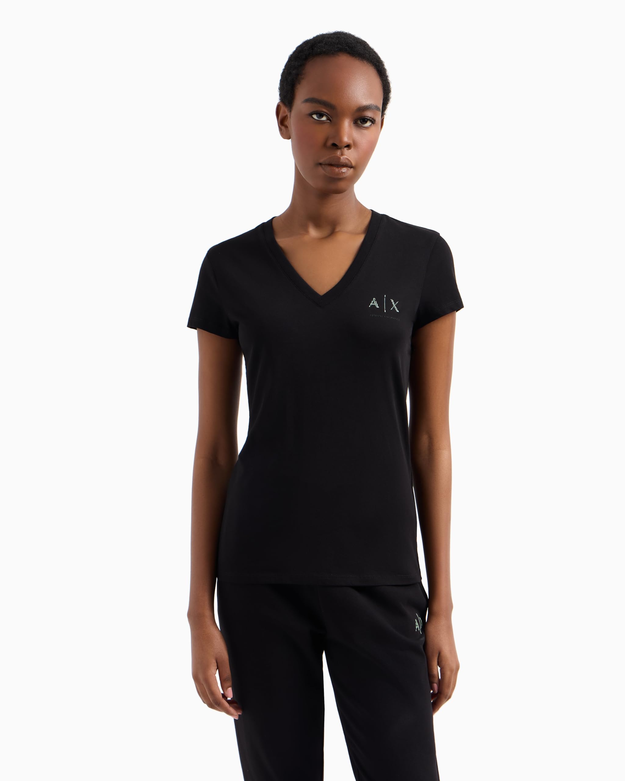 Armani Exchange Arte Sella, logo lucido, collo a V, slim fit, nero, XL, Nero, XL
