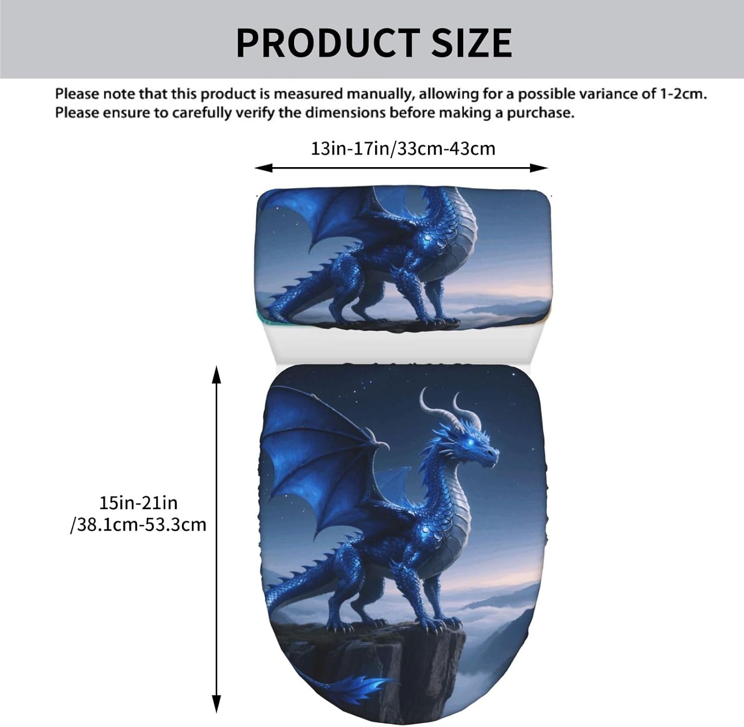 2 Pcs Toilet Lid Cover and Toilet Tank Lid Cover, Washable Toilet Cover with Elastic Bottom Replacement Soft Stretch Toilet Seat Cover Set Cool Blue Dragon Standing on the Cliff Edge Bathroom Decor