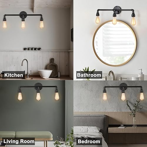 Miniatura 6 de LMSOD Lámpara de tocador de baño de 3 luces, lámpara industrial de pared de tubería de agua negra de granja