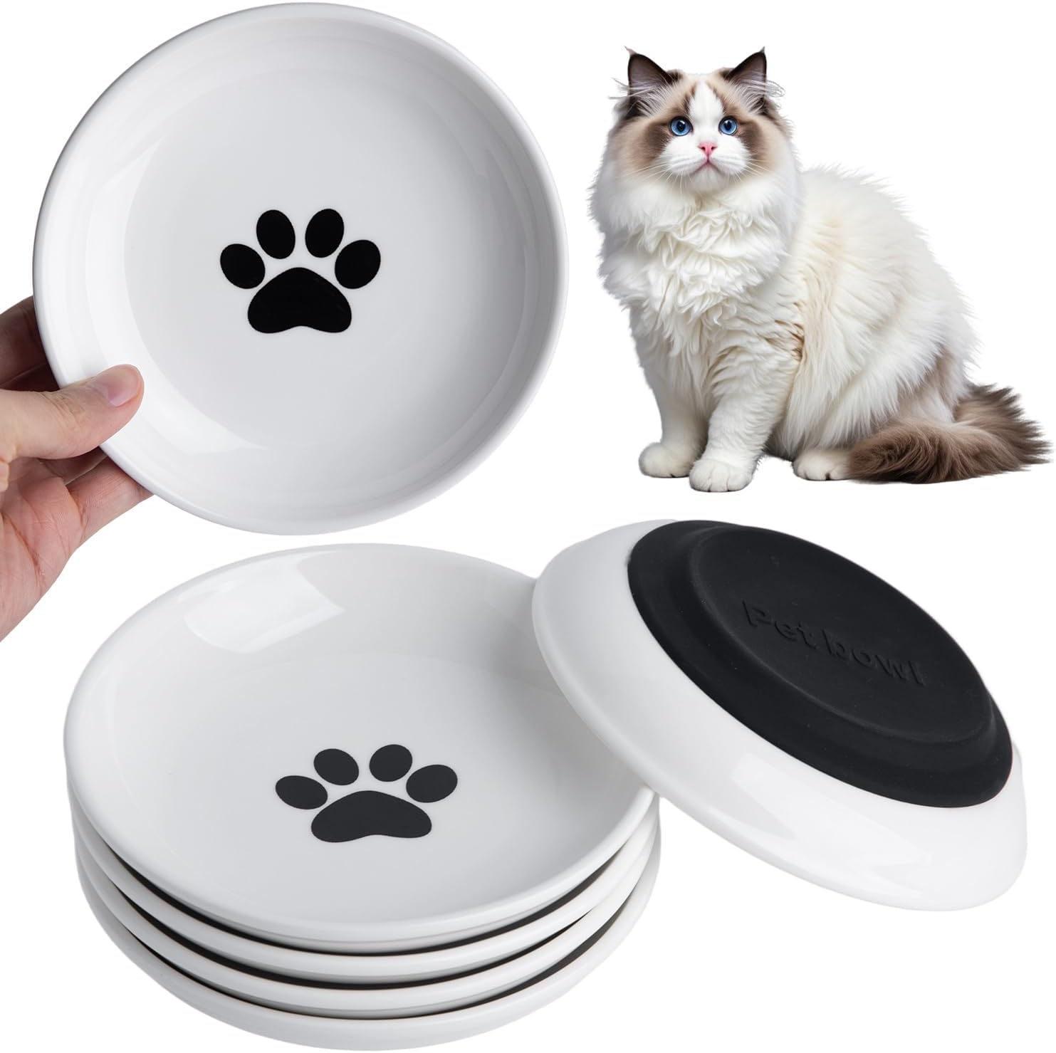Cat Food Bowl Set of 6, Ceramic Cat Bowls, Anti Whisker Fatigue Cats Bowl Set,5.9 Inches Shallow Wide Kitten Plates with Silicone Base for Wet/Dry Food, Indoor Pets(Paw) 6pc Silicone Cat Paw-6pc