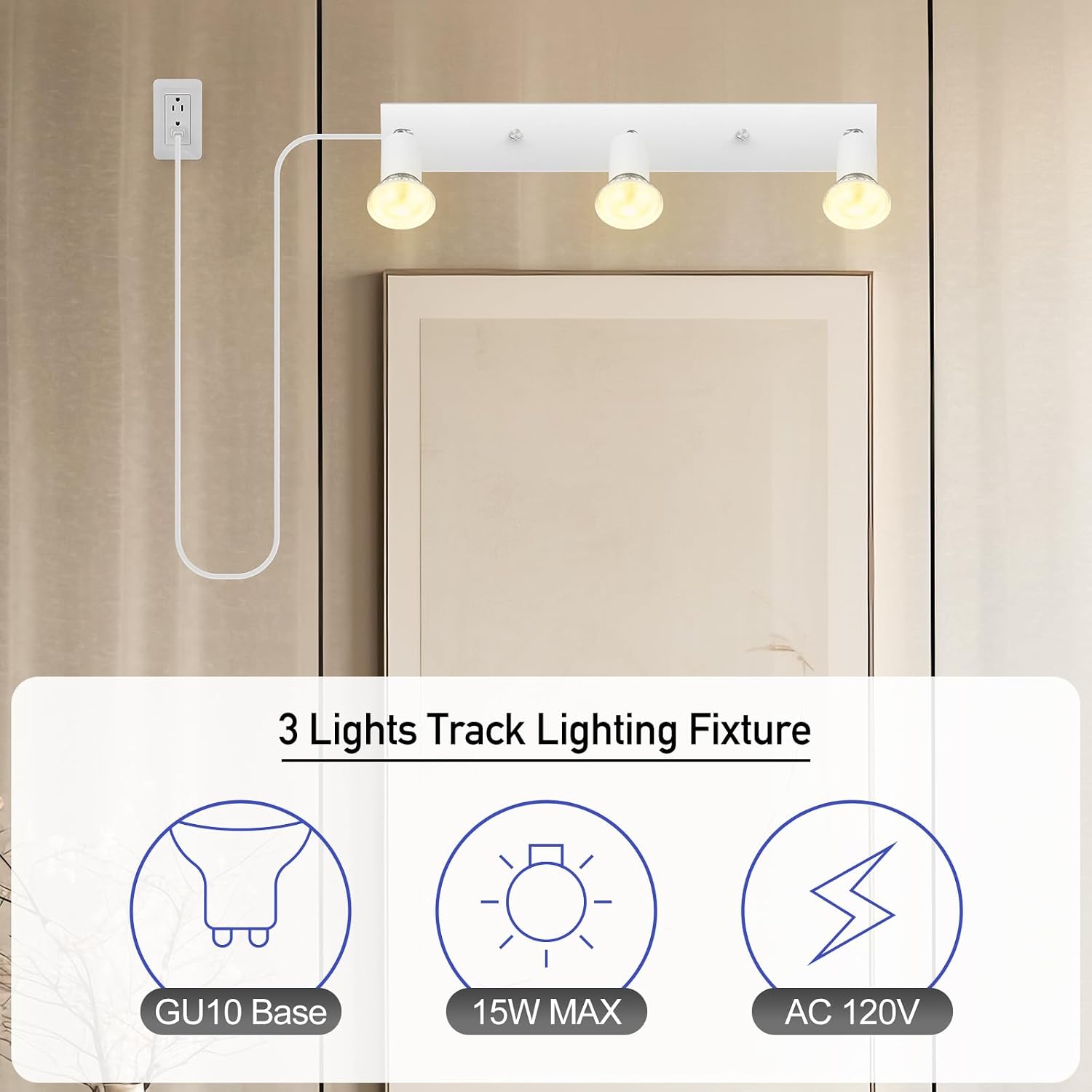 Plug-in Track Lighting, LED Track Lighting Fixtures Ceiling Kit, 16" White Plug in Wall Light with 14.8ft Cord, 3-Light Ceiling Spotlight,Rotatable Kitchen Light Head for Bedroom Hallway(GU10,NO Bulb)